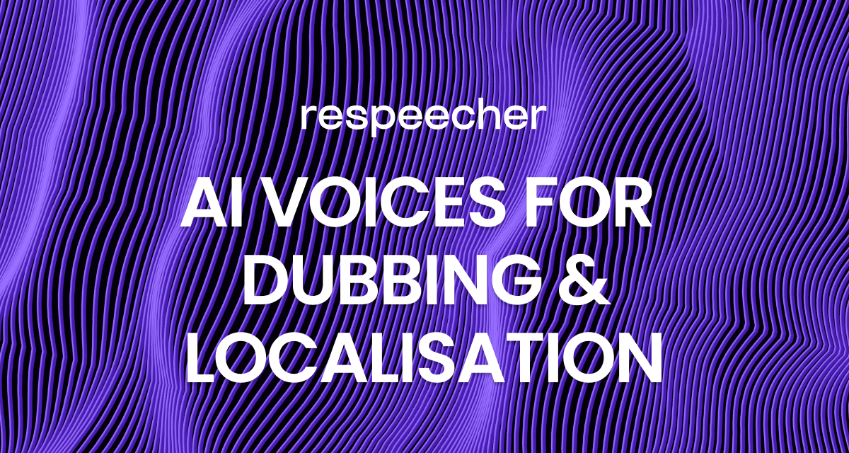 Website page cover image featuring a background of wavy purple lines on a dark backdrop. The text in the center reads 'respeecher' at the top and 'AI VOICES FOR DUBBING & LOCALISATION' below it in bold white letters. The overall design has a modern, abstract aesthetic.