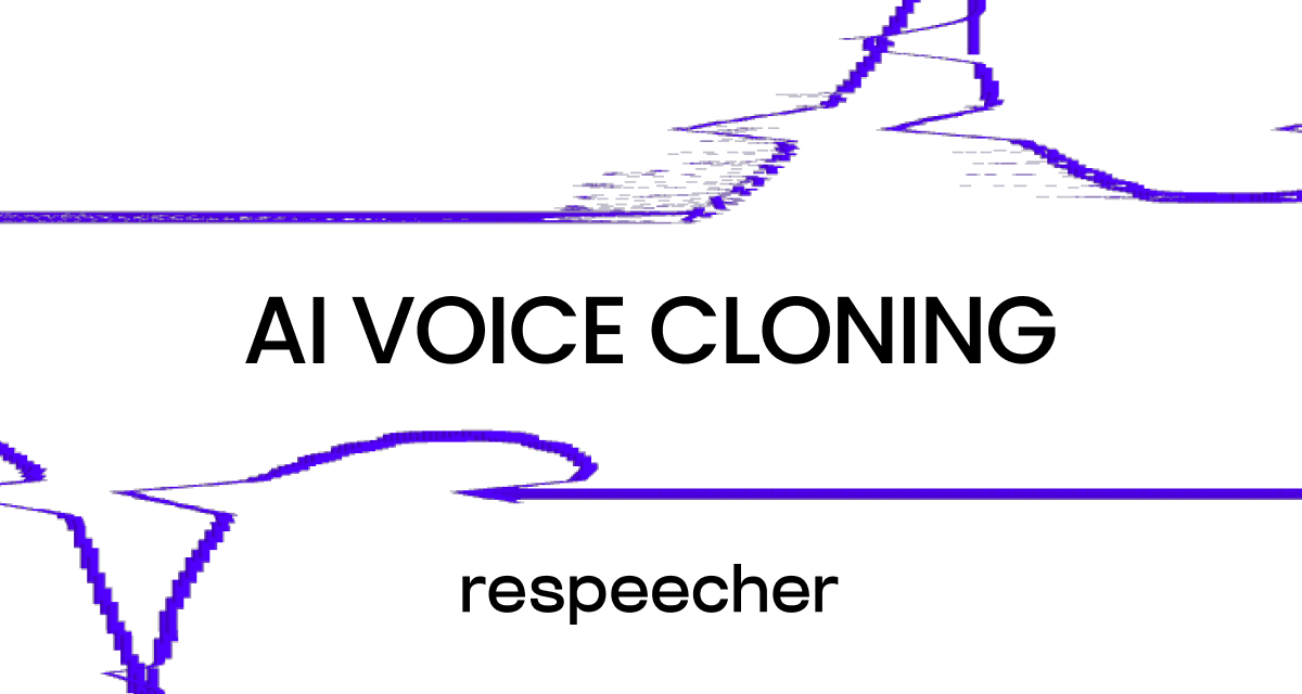 Open graph image for Respeecher featuring the bold title 'AI Voice Cloning' centered in black text against a white background, with abstract purple waveform-like design elements and the Respeecher logo below.