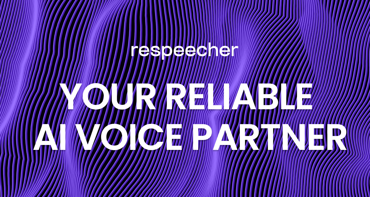 Website page cover image featuring a background of wavy purple lines on a dark backdrop. The text in the center reads 'respeecher' at the top and 'YOUR RELIABLE AI VOICE PARTNER' below it in bold white letters. The overall design has a modern, abstract aesthetic.