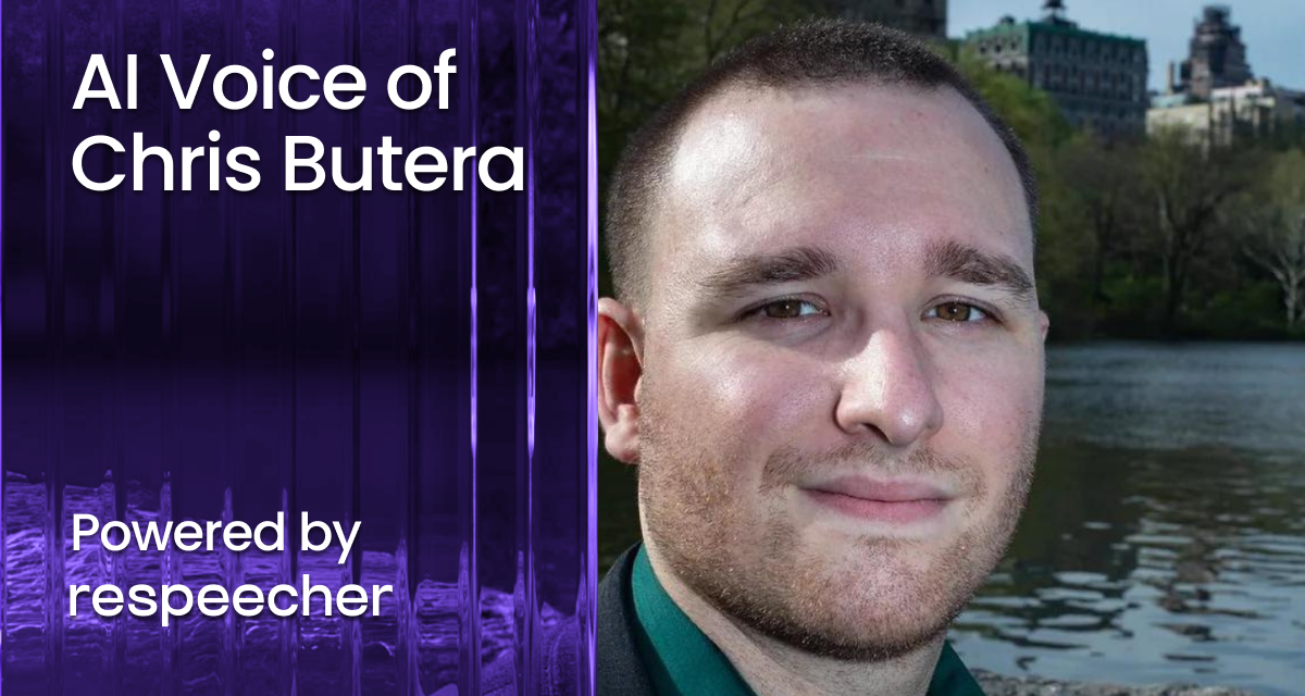 Cover image featuring a headshot of Chris Butera with text 'AI Voice of Chris Butera' and 'Powered by Respeecher' on a purple background with abstract lines on the left side of the image.