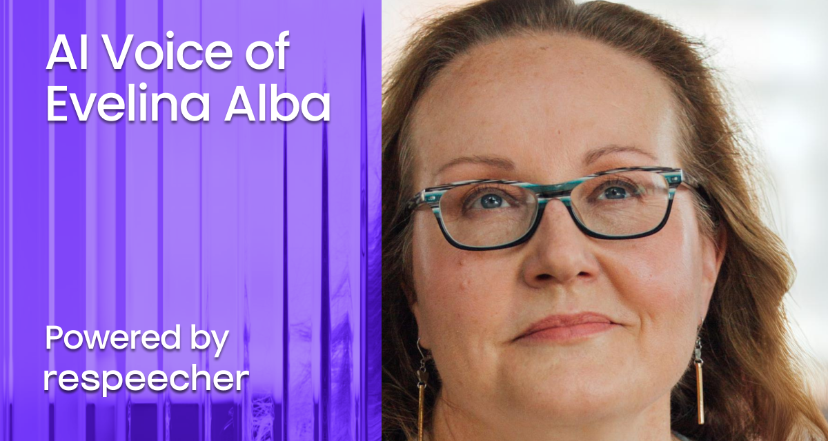 Landing page cover image featuring a close-up portrait of Evelina Alba, with text overlay 'AI Voice of Evelina Alba' and 'Powered by Respeecher' on a purple abstract background.