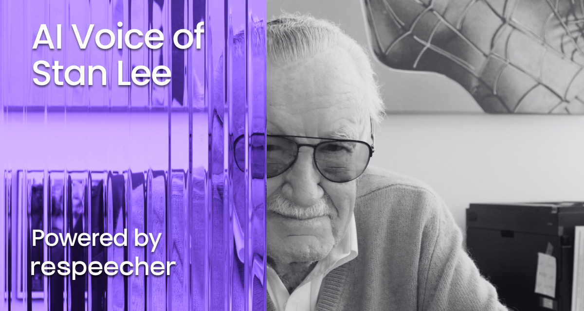 Webpage OG image for 'AI Voice of Stan Lee' by Respeecher. The image features a black and white portrait of an elderly man with glasses, smiling gently at the camera. The left side has a purple-tinted, abstract glass pattern with white text that reads 'AI Voice of Stan Lee' and 'Powered by Respeecher'