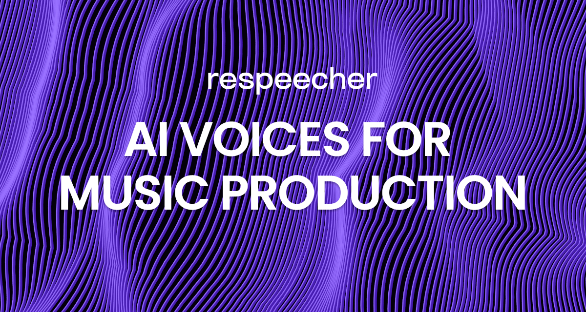 Website page cover image featuring a background of wavy purple lines on a dark backdrop. The text in the center reads 'respeecher' at the top and 'AI VOICES FOR MUSIC PRODUCTION' below it in bold white letters. The overall design has a modern, abstract aesthetic.