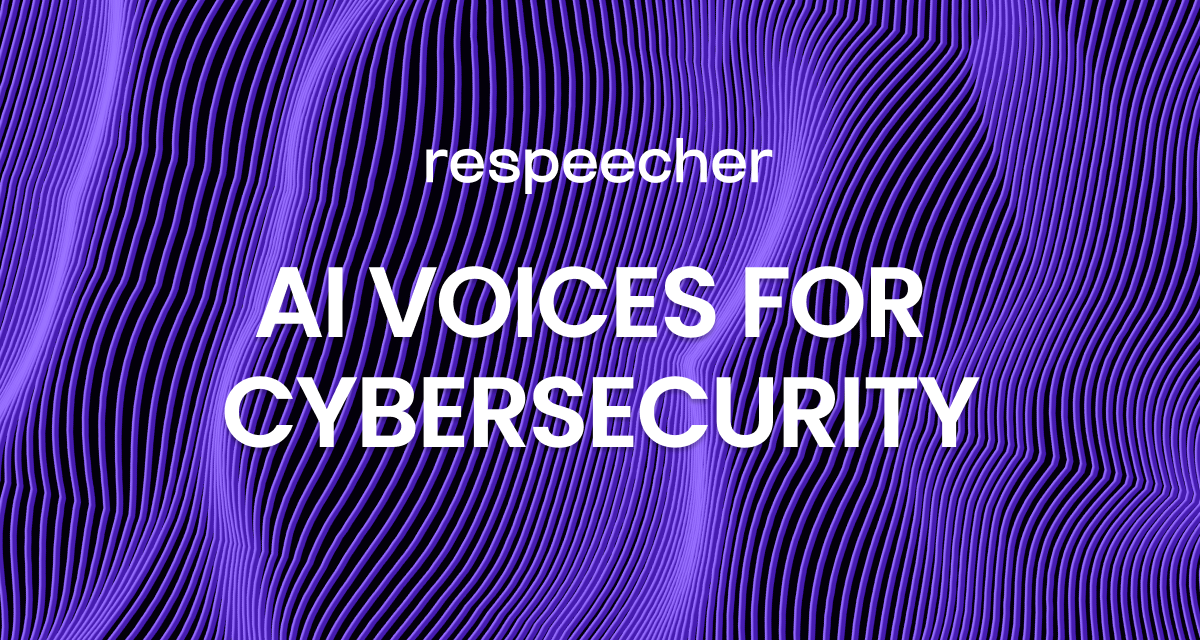 Website page cover image featuring a background of wavy purple lines on a dark backdrop. The text in the center reads 'respeecher' at the top and 'AI VOICES FOR CYBERSECURITY' below it in bold white letters. The overall design has a modern, abstract aesthetic