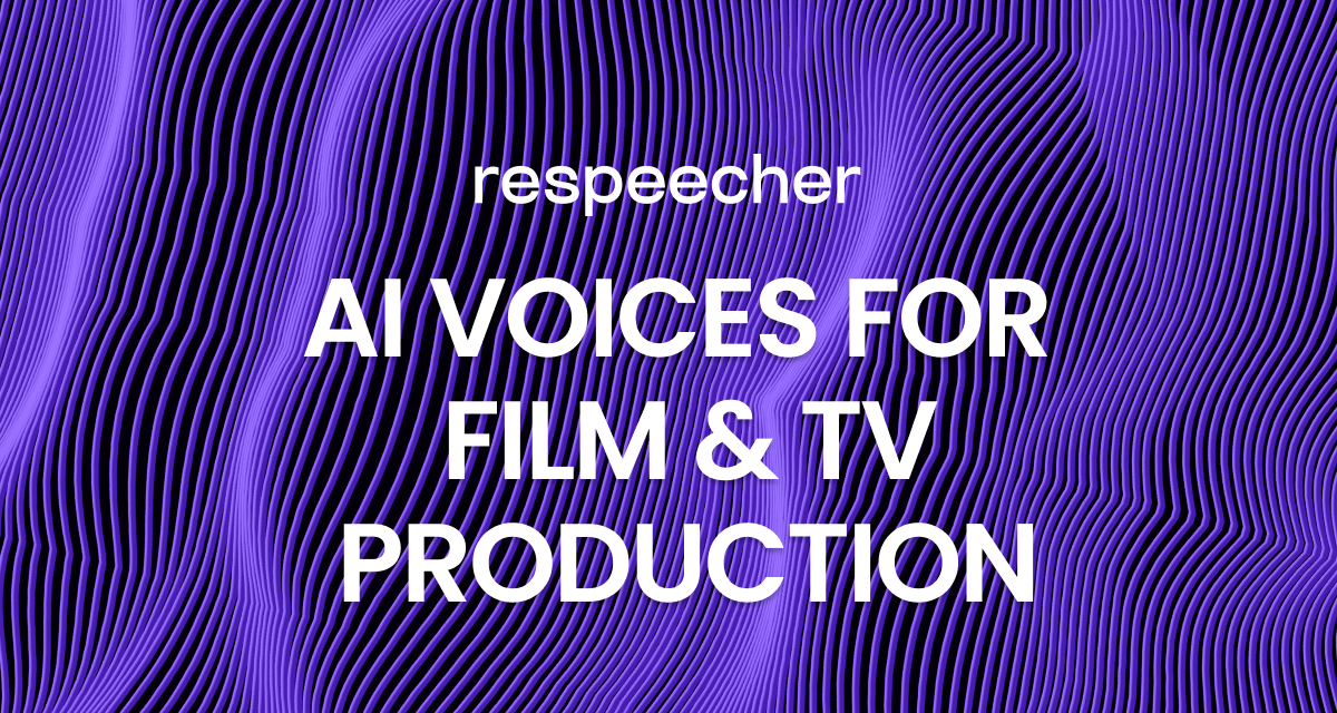 Website page cover image featuring a background of wavy purple lines on a dark backdrop. The text in the center reads 'respeecher' at the top and 'AI VOICES FOR FILM & TV PRODUCTION' below it in bold white letters. The overall design has a modern, abstract aesthetic.