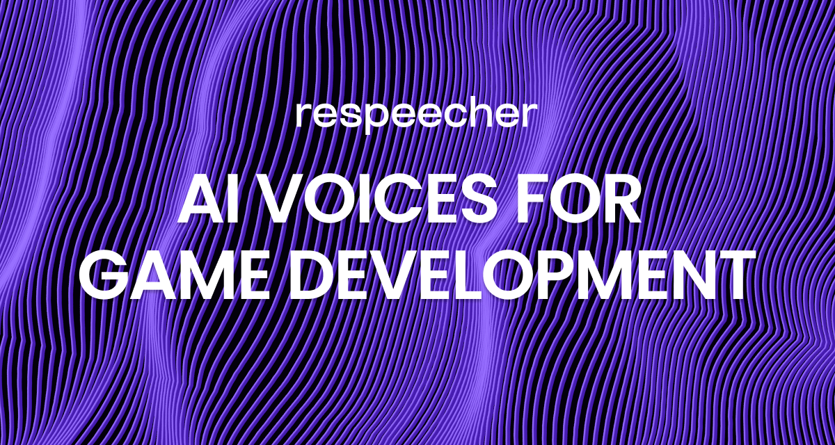 Website page cover image featuring a background of wavy purple lines on a dark backdrop. The text in the center reads 'respeecher' at the top and 'AI VOICES FOR GAME DEVELOPMENT' below it in bold white letters. The overall design has a modern, abstract aesthetic.