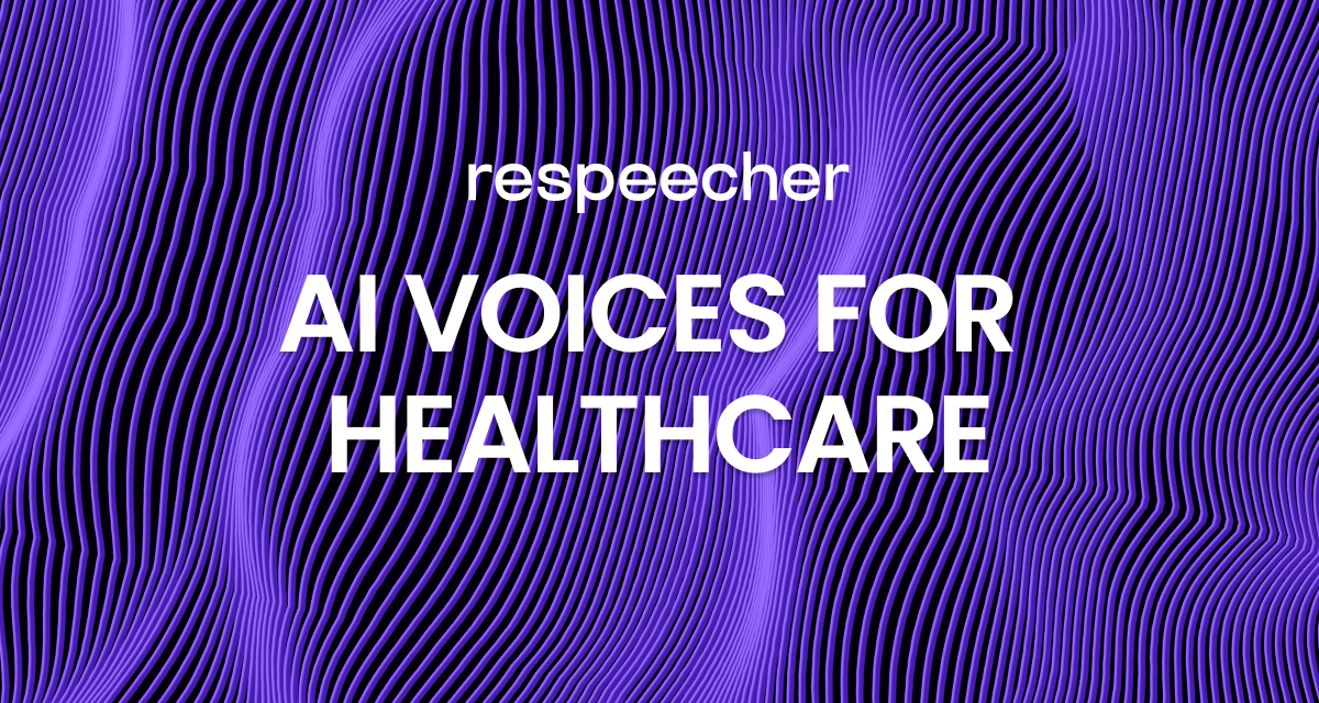 Website page cover image featuring a background of wavy purple lines on a dark backdrop. The text in the center reads 'respeecher' at the top and 'AI VOICES FOR HEALTHCARE' below it in bold white letters. The overall design has a modern, abstract aesthetic