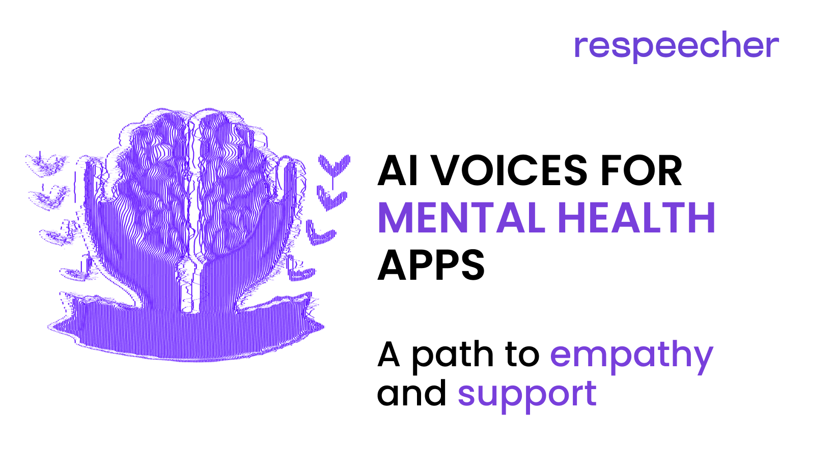 Blog article cover image featuring a purple stylized brain held by two hands with heart symbols around it. The text reads 'AI VOICES FOR MENTAL HEALTH APPS A path to empathy and support' on the right. The logo of Respeecher, the company behind the technology, is placed at the top right corner.