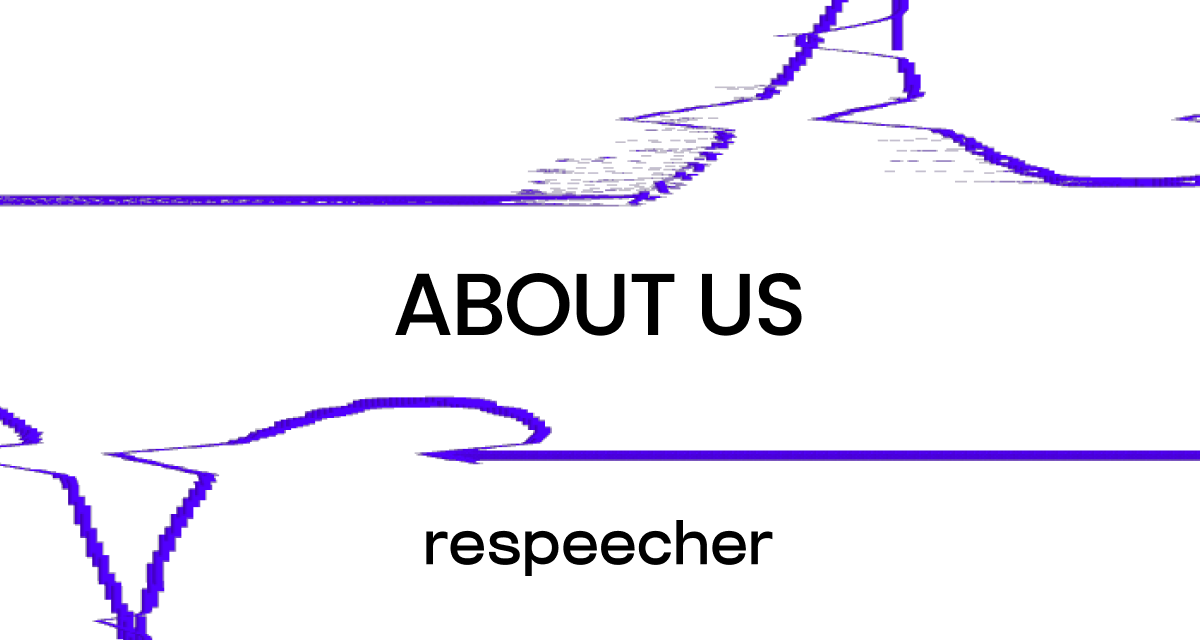 Website page cover image with the title 'ABOUT US' centered in bold black text against a white background. Below the title, Respeecher logo is displayed in lowercase. The image is accented with abstract purple lines, adding a modern and dynamic touch to the design.