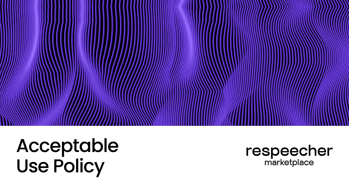 Purple and black wavy abstract background with the text 'Acceptable Use Policy' displayed prominently at the bottom. The Respeecher Marketplace logo is also visible, indicating the legal and usage guidelines for the platform.