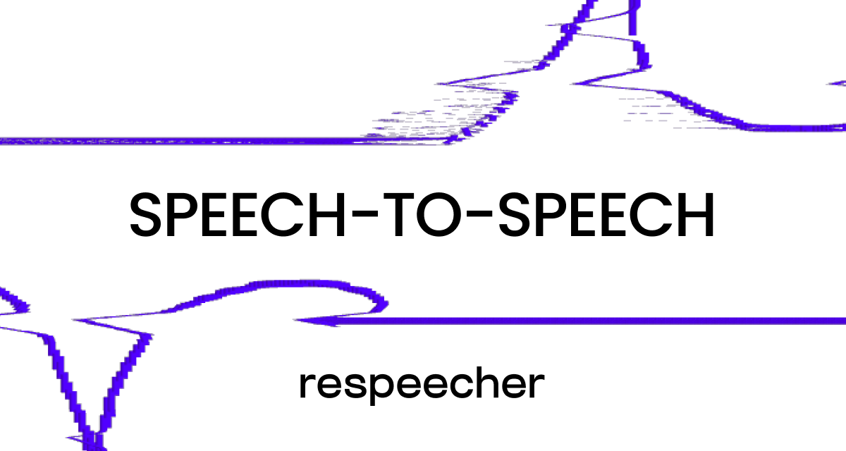 Open graph image for Respeecher featuring the bold title 'Speech-to-Speech' centered in black text against a white background, with abstract purple waveform-like design elements and the Respeecher logo below.