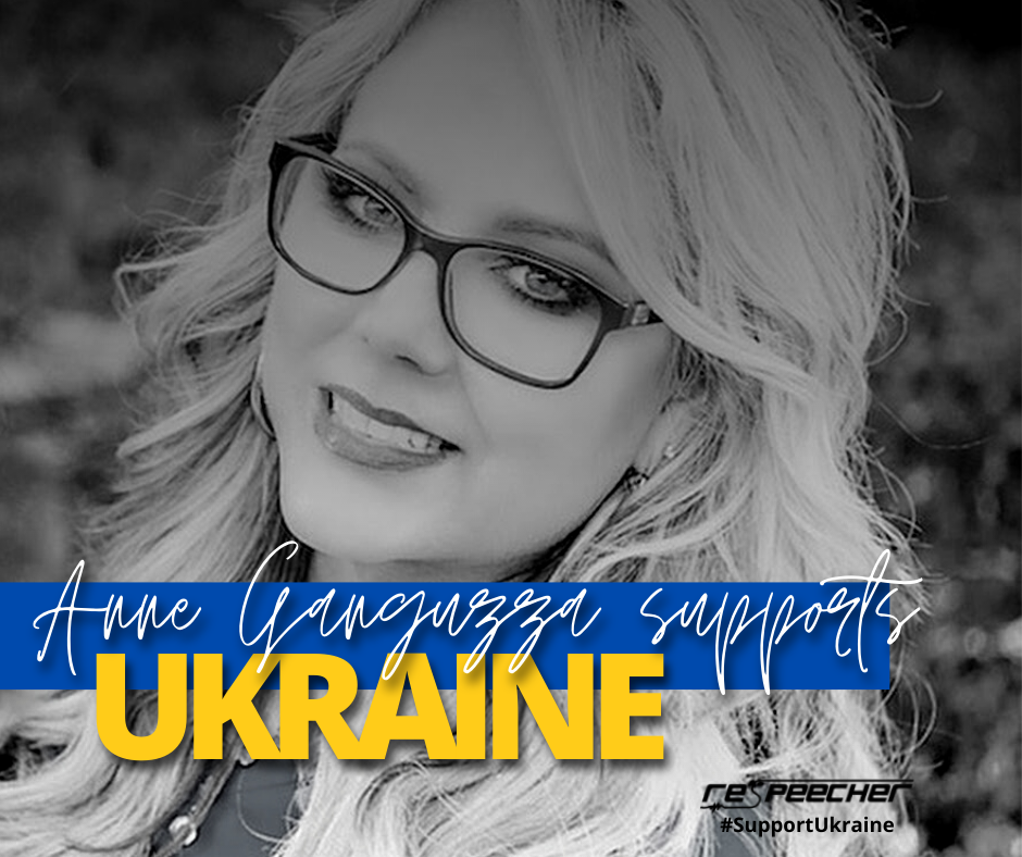 Voiceover artist Anne Ganguzza is shown expressing her support for Ukraine, reflecting solidarity in the face of crisis.