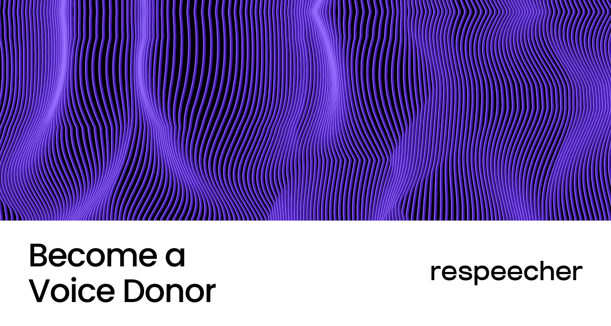 Website page cover image titled 'Become a Voice Donor' displayed in bold black text on a white background. Above the text, a background of abstract, wavy purple lines on a dark backdrop adds a dynamic and modern visual element. Respeecher logo is positioned in the bottom right corner in lowercase black text.