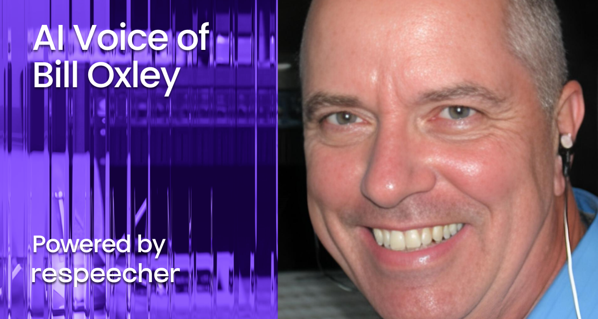 Website page cover image featuring a close-up photograph of Bill Oxley on the right side, smiling at the camera. The left side of the image displays the text 'AI Voice of Bill Oxley' in white, overlaid on a vibrant purple, abstract vertical pattern. Below the main text, smaller white text reads 'Powered by Respeecher,' highlighting the AI technology used for recreating Bill Oxley's voice.