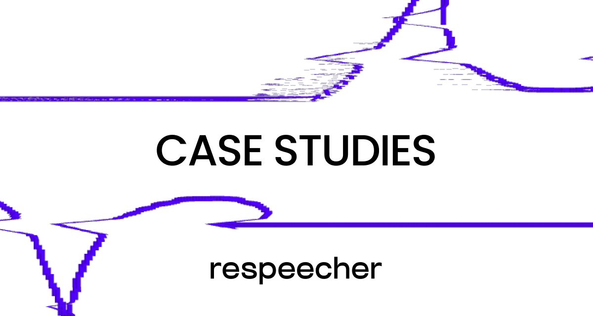 Website page cover image with the title 'CASE STUDIES' centered in bold black text against a white background. Below the title, Respeecher logo is displayed in lowercase. The image is accented with abstract purple lines, adding a modern and dynamic touch to the design.