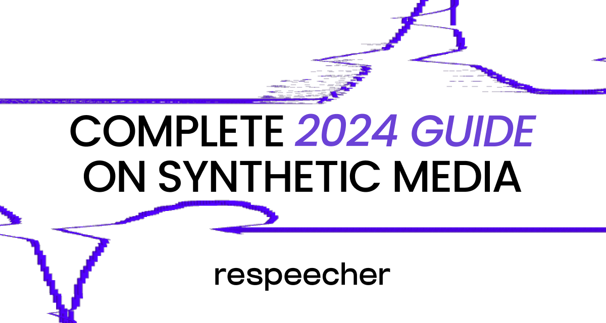 Website page cover image with the text 'COMPLETE 2024 GUIDE ON SYNTHETIC MEDIA' in the center, with '2024 GUIDE' in purple. The Respeecher logo is at the bottom. The background features abstract purple lines on a white backdrop, creating a modern and minimalistic design.