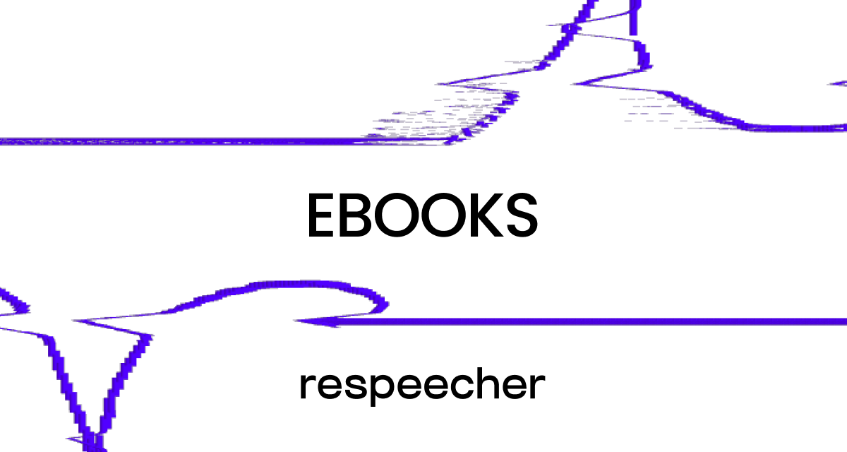 Website page cover image with the text 'EBOOKS' in the center and 'respeecher' at the bottom. The background features abstract purple lines on a white backdrop, creating a modern and minimalistic design.