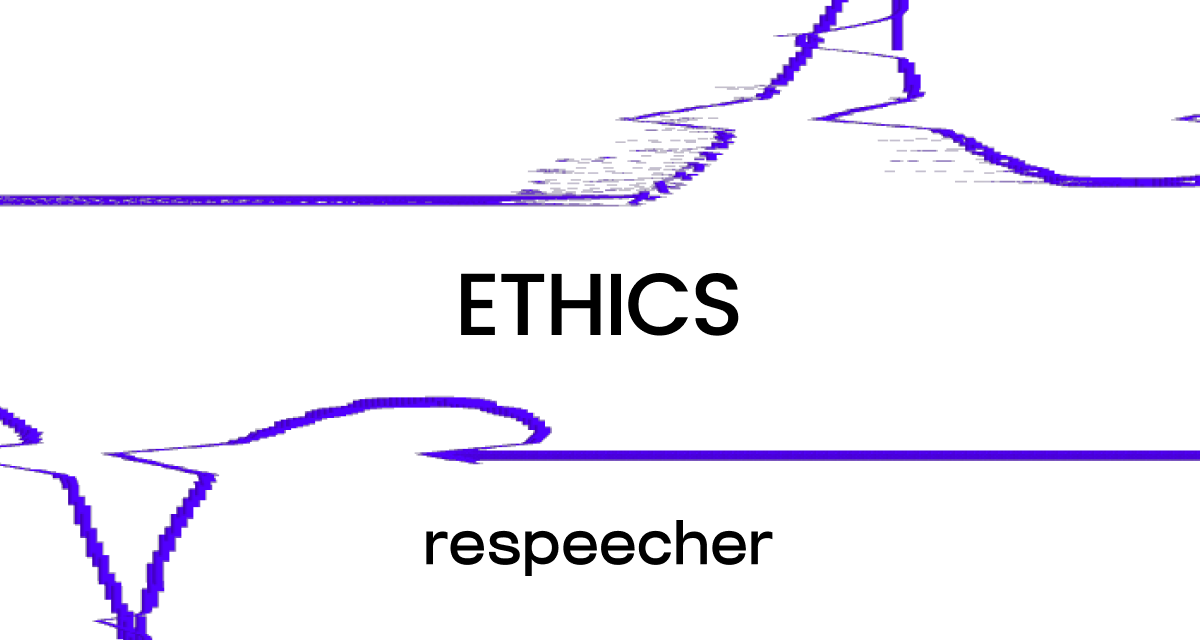 Website page cover image with the title 'ETHICS' centered in bold black text against a white background. Below the title, Respeecher logo is displayed in lowercase. The image is accented with abstract purple lines, adding a modern and dynamic touch to the design.