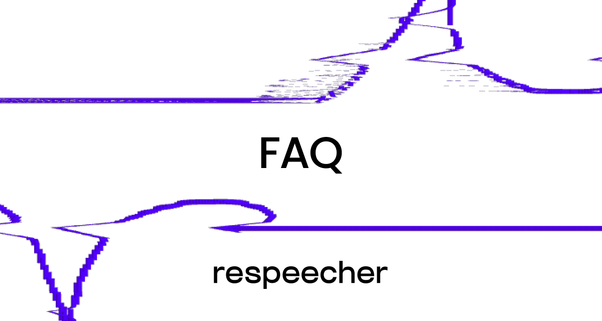 Website page cover image with the title 'FAQ' centered in bold black text against a white background. Below the title, Respeecher logo is displayed in lowercase. The image is accented with abstract purple lines, adding a modern and dynamic touch to the design.