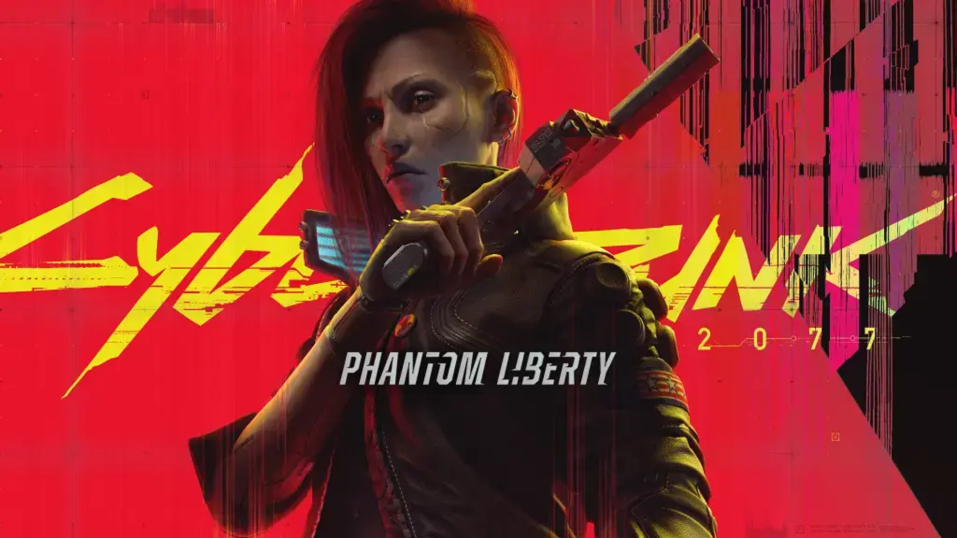 Promotional artwork for 'Cyberpunk 2077: Phantom Liberty' featuring a female protagonist with short hair, holding a futuristic weapon, set against a dynamic red and black background with digital glitch effects and the game's logo in vibrant yellow