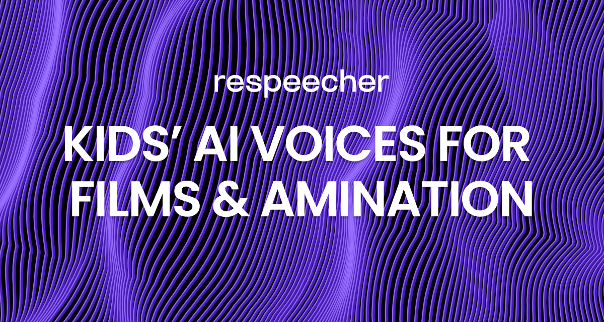 Website page cover image featuring a background of wavy purple lines on a dark backdrop. The text in the center reads 'respeecher' at the top and 'KIDS’ AI VOICES FOR FILMS & ANIMATION' below it in bold white letters. The overall design has a modern, abstract aesthetic