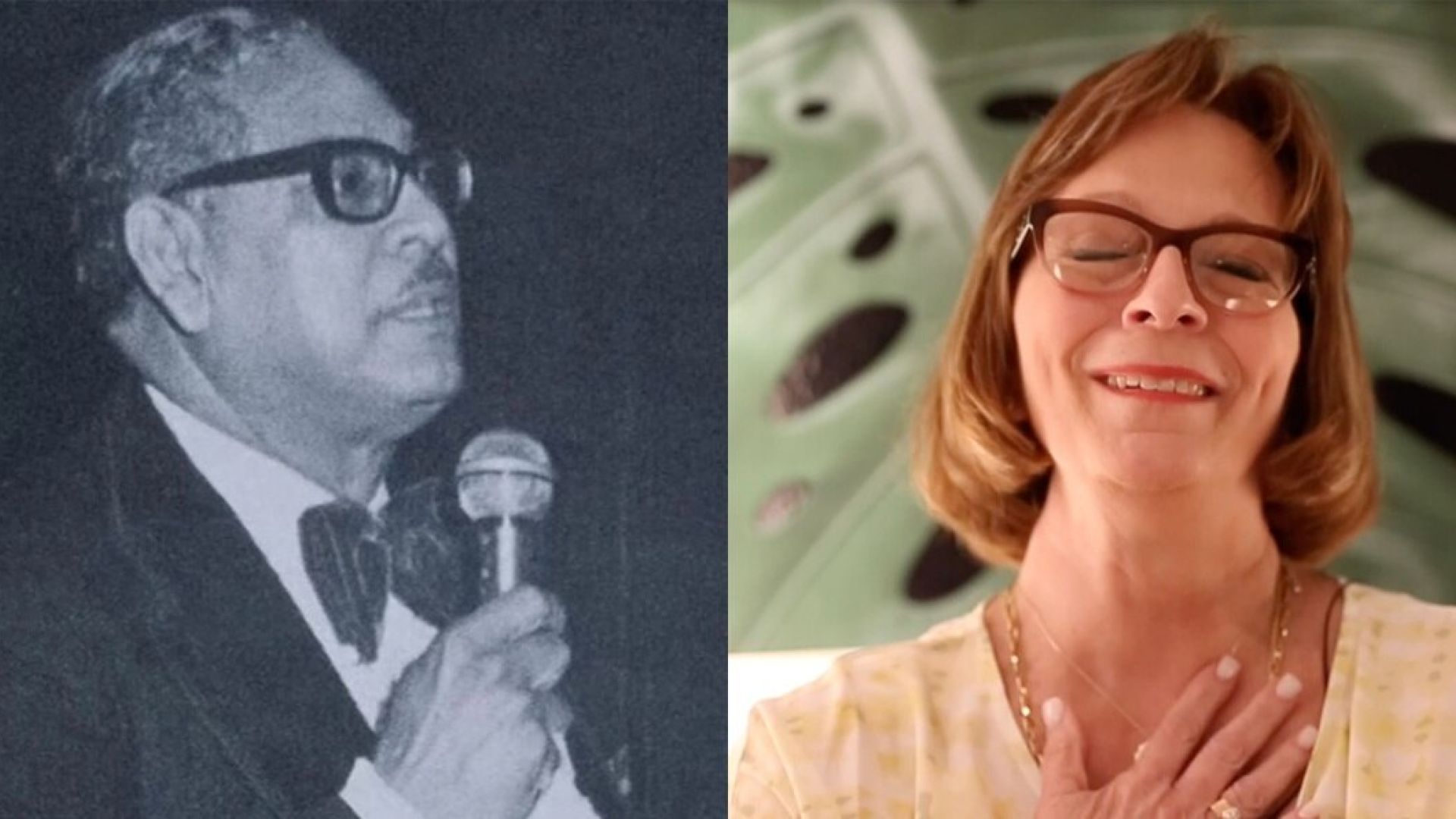 Split-screen image showcasing two iconic personalities. On the left, a black and white photo of Manuel Rivera Morales, a notable figure, speaking into a microphone, dressed in a suit and glasses, representing a historical context. On the right, a colorful, contemporary image of a smiling middle-aged woman, his daughter, with short hair and glasses, exuding joy and approachability against a backdrop with architectural elements.