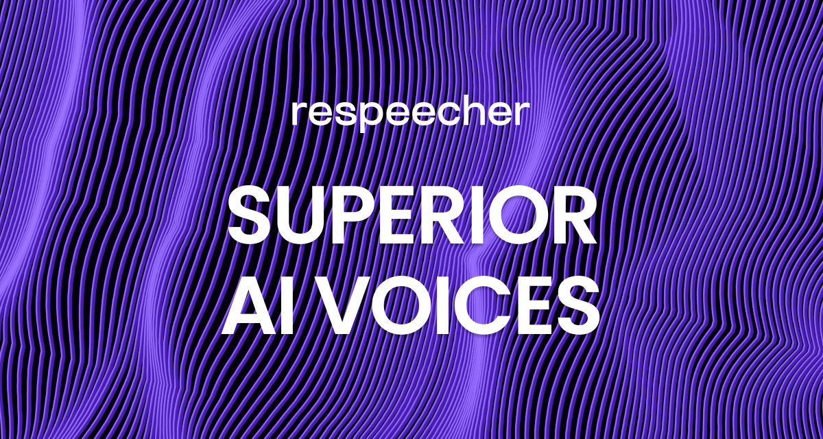 Respeecher website home page cover image featuring a background of wavy purple lines on a dark backdrop. The text in the center has Respeecher logo at the top and reads ‘SUPERIOR AI VOICES' below it in bold white letters. The overall design has a modern, abstract aesthetic