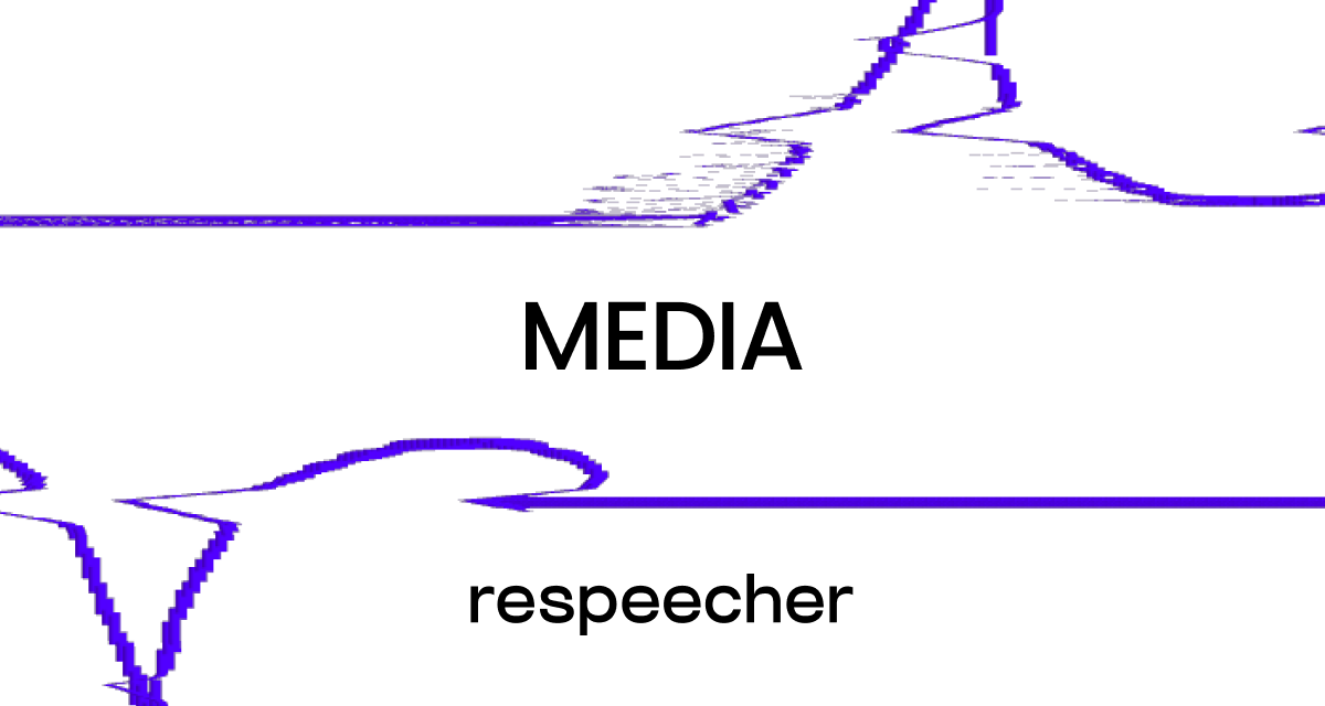 Website page cover image with the title 'MEDIA' centered in bold black text against a white background. Below the title, the Respeecher logo is displayed in lowercase. The image is accented with abstract purple lines, adding a modern and dynamic touch to the design.