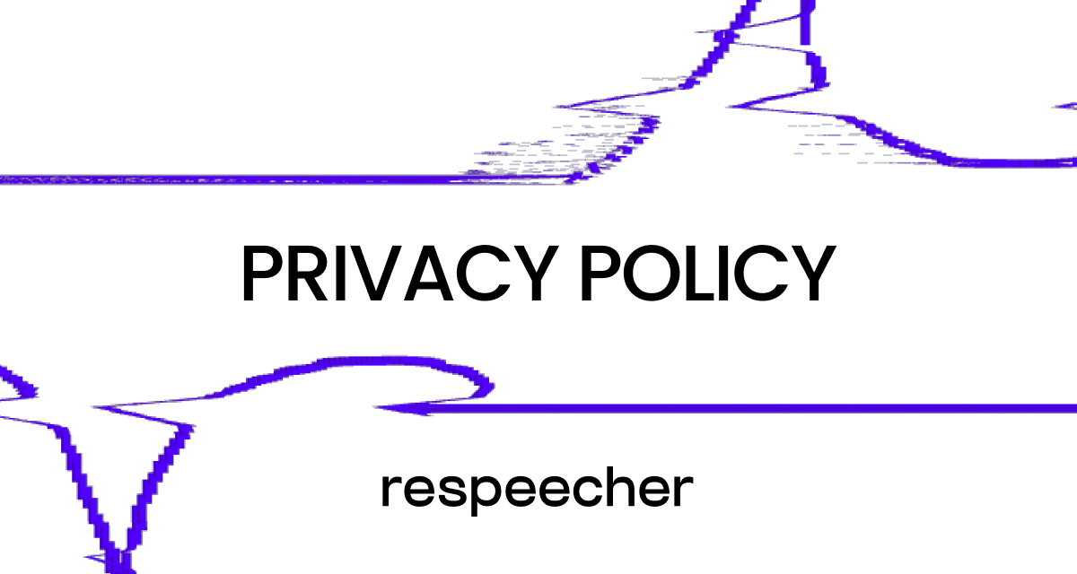 Website page cover image with the title 'PRIVACY POLICY' centered in bold black text against a white background. Below the title, the Respeecher logo is displayed in lowercase. The image is accented with abstract purple lines, adding a modern and dynamic touch to the design.