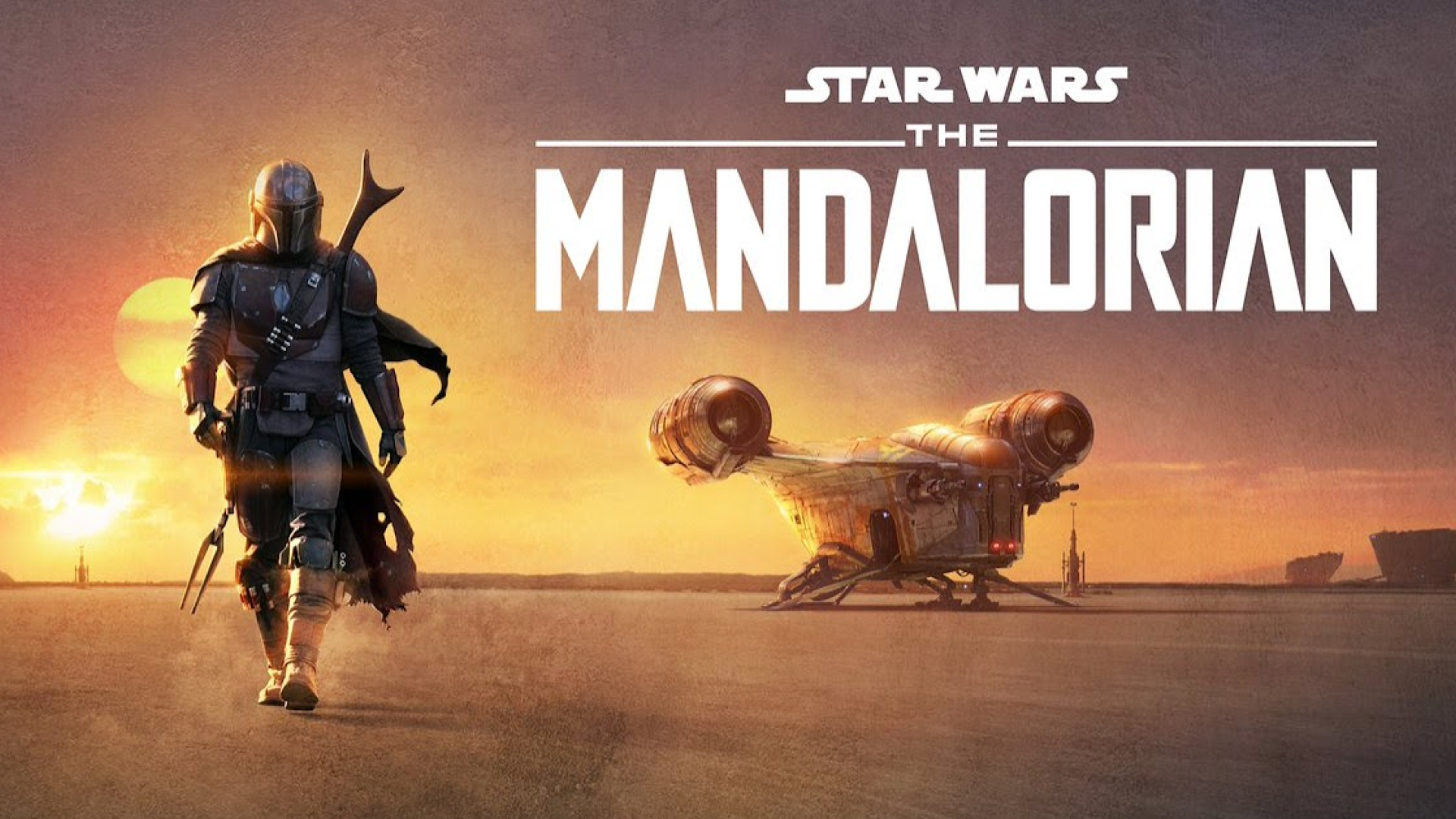 Promotional banner for Star Wars: The Mandalorian featuring the titular character in full armor standing against a warm, glowing, sunset backdrop with the series title prominently displayed above