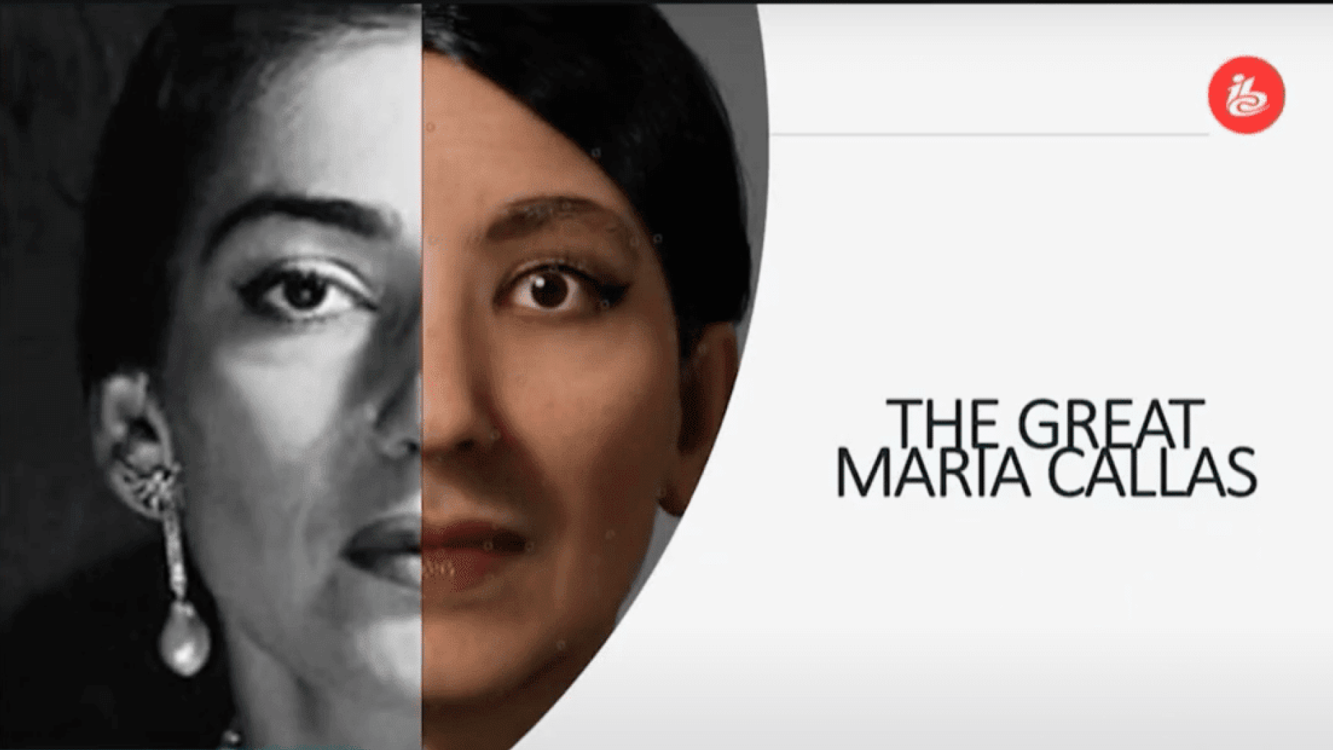 Promotional graphic featuring a split-image of Maria Callas, illustrating a blend of her younger and older self in black and white on the left and colored format on the right, symbolizing the timeless legacy of the great opera singer. The text 'The Great Maria Callas' is prominently displayed on the right, underscoring her iconic status in the world of opera