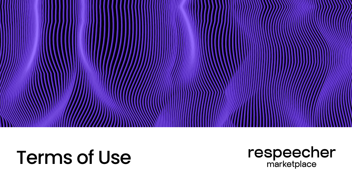 Purple and black wavy abstract background with the text 'Terms of Use' displayed prominently at the bottom. The Respeecher Marketplace logo is also visible, indicating the legal and usage guidelines for the platform.