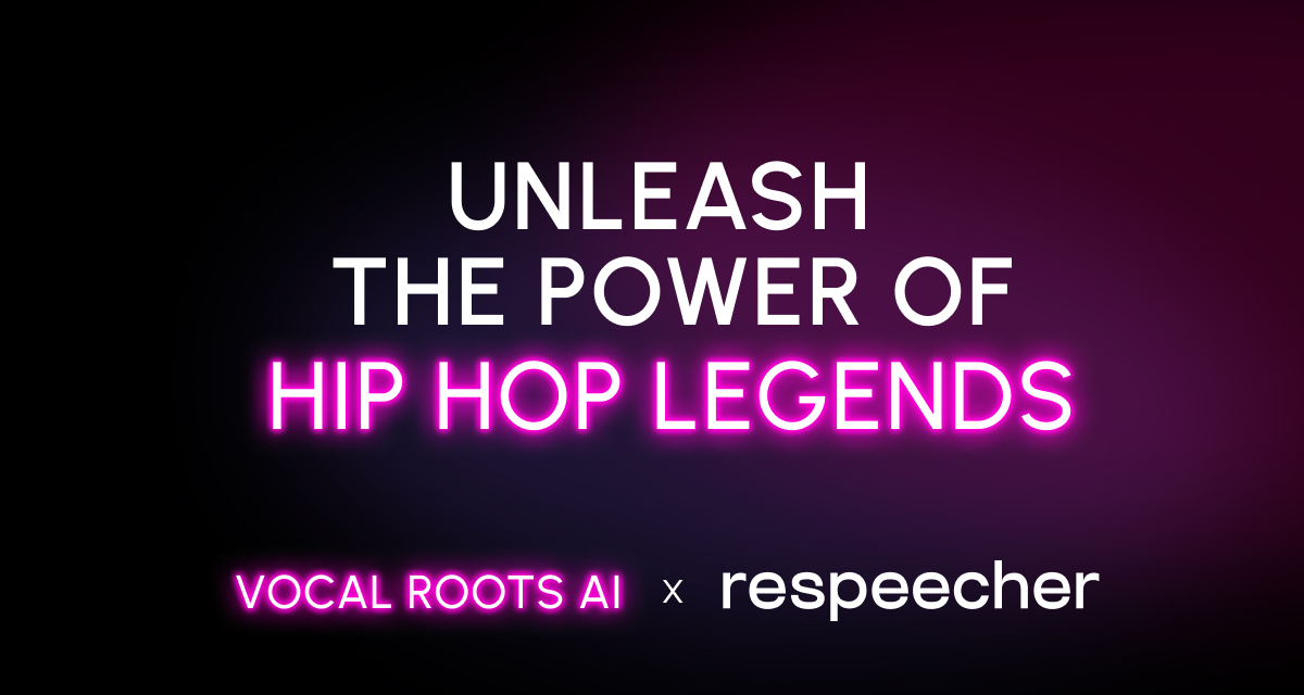 Open graph image for Respeecher featuring bold text 'Unleash the Power of Hip Hop Legends' in white and neon pink lettering against a black gradient background. The text 'Vocal Roots AI x Respeecher' appears below in matching neon pink and white, emphasizing a modern and vibrant design.