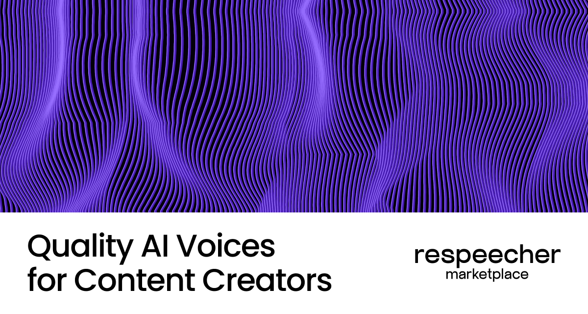 Website page cover image featuring a background of wavy purple lines on a dark backdrop. The text at the bottom reads 'Quality AI Voices for Content Creators' on the left and 'respeecher marketplace' on the right. The overall design has a modern, abstract aesthetic.