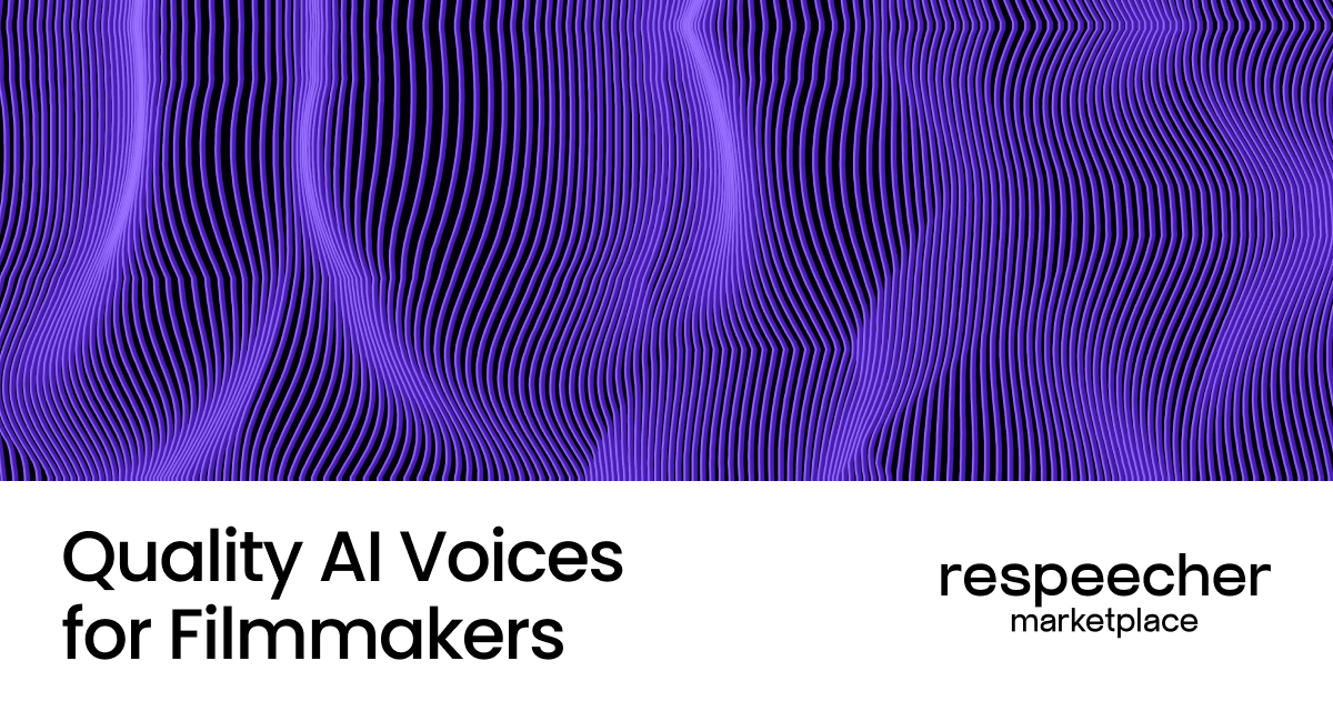 Website page cover image featuring a background of wavy purple lines on a dark backdrop. The text at the bottom reads 'Quality AI Voices for Filmmakers' on the left and 'respeecher marketplace' on the right. The overall design has a modern, abstract aesthetic.