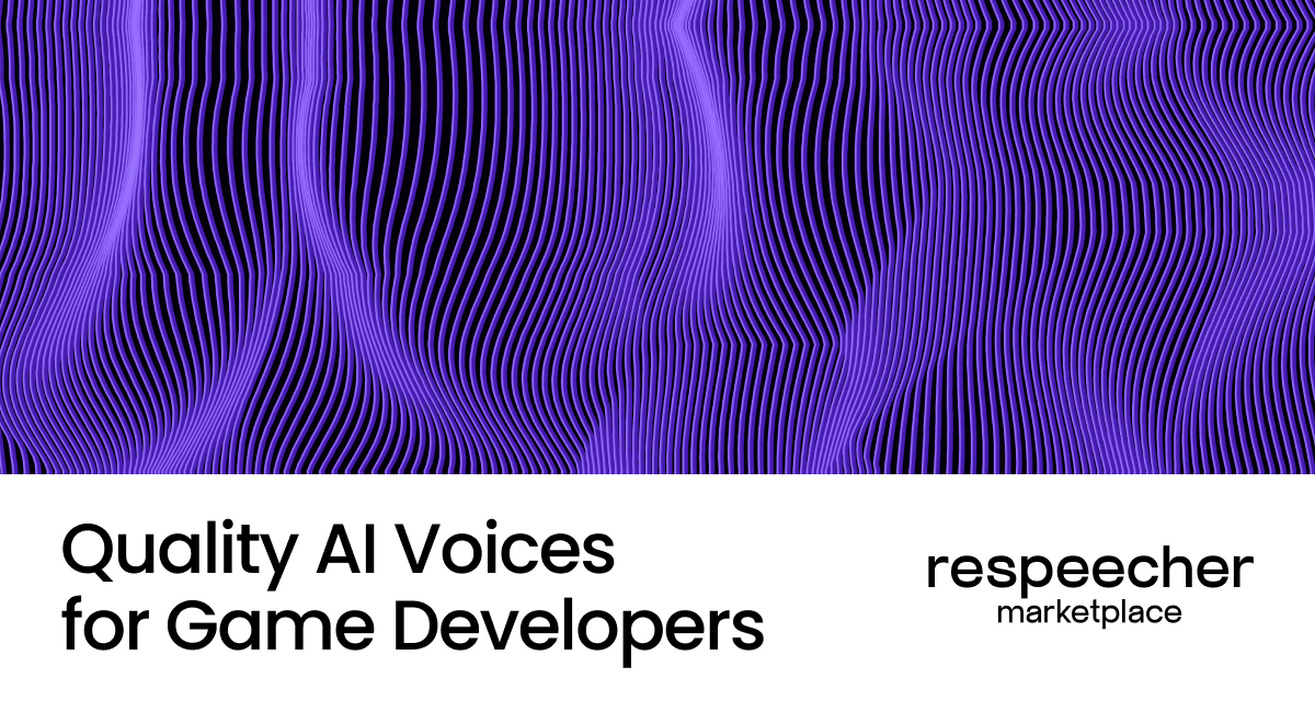 Website page cover image featuring a background of wavy purple lines on a dark backdrop. The text at the bottom reads 'Quality AI Voices for Game Developers' on the left and 'respeecher marketplace' on the right. The overall design has a modern, abstract aesthetic.