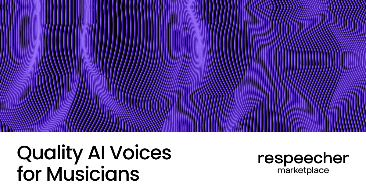 Website page cover image featuring a background of wavy purple lines on a dark backdrop. The text at the bottom reads 'Quality AI Voices for Musicians' on the left and 'respeecher marketplace' on the right. The overall design has a modern, abstract aesthetic.