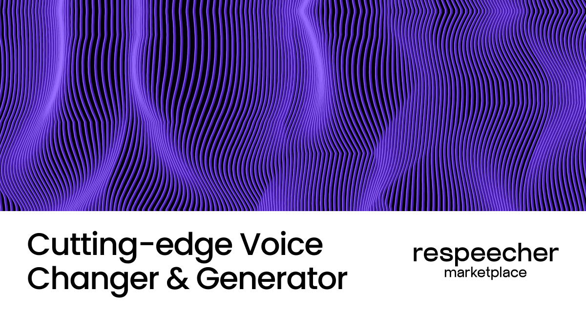 Website page cover image featuring a background of wavy purple lines on a dark backdrop. The text at the bottom reads 'Cutting-edge Voice Changer & Generator' on the left and 'respeecher marketplace' on the right. The overall design has a modern, abstract aesthetic