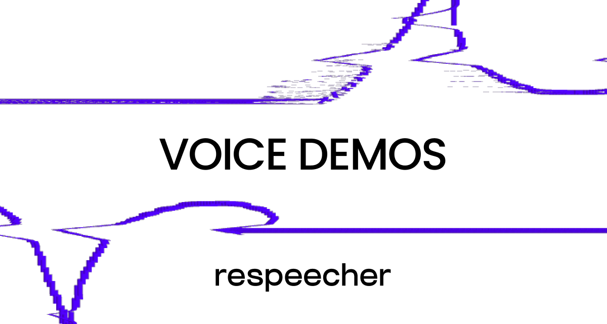 A stylized representation of sound waves with bold purple lines, featuring the text 'VOICE DEMOS' in the center and 'Respeecher' below, demonstrating cutting-edge voice synthesis technology.