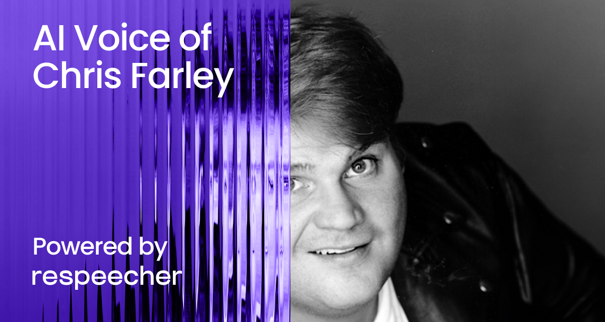 Website page cover image featuring a black-and-white portrait of Chris Farley on the right side, with the text 'AI Voice of Chris Farley' in large white letters on the left, overlaid on a vibrant purple, abstract vertical pattern. Below the main text, smaller white text reads 'Powered by Respeecher,' emphasizing the AI technology behind the project.