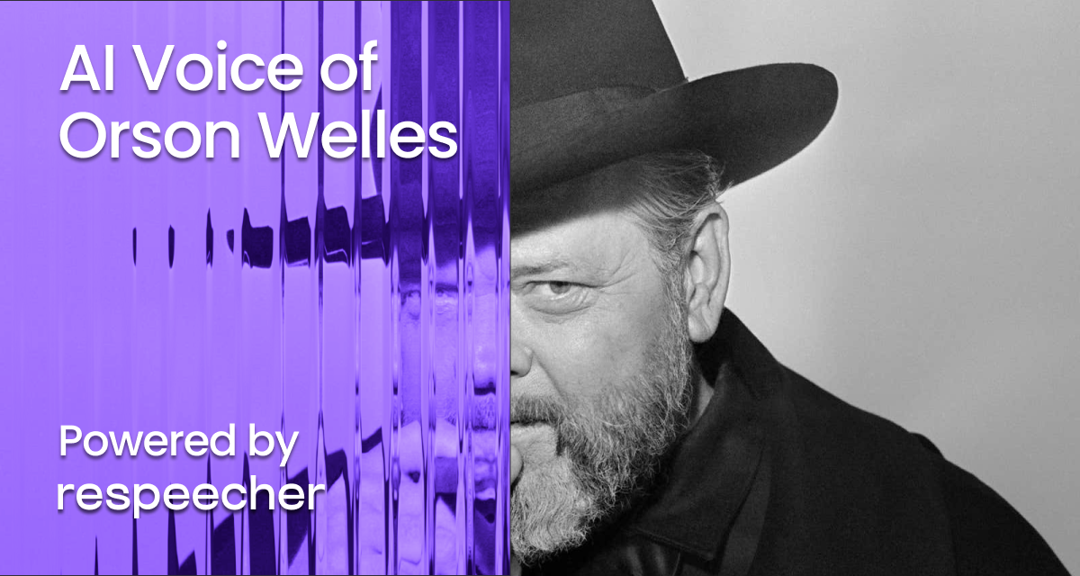 Website page cover image featuring a black-and-white portrait of Orson Welles on the right side, with the text 'AI Voice of Orson Welles' in large white letters on the left, overlaid on a vibrant purple, abstract vertical pattern. Below the main text, smaller white text reads 'Powered by respeecher,' highlighting the AI technology used for recreating the voice of Orson Welles.