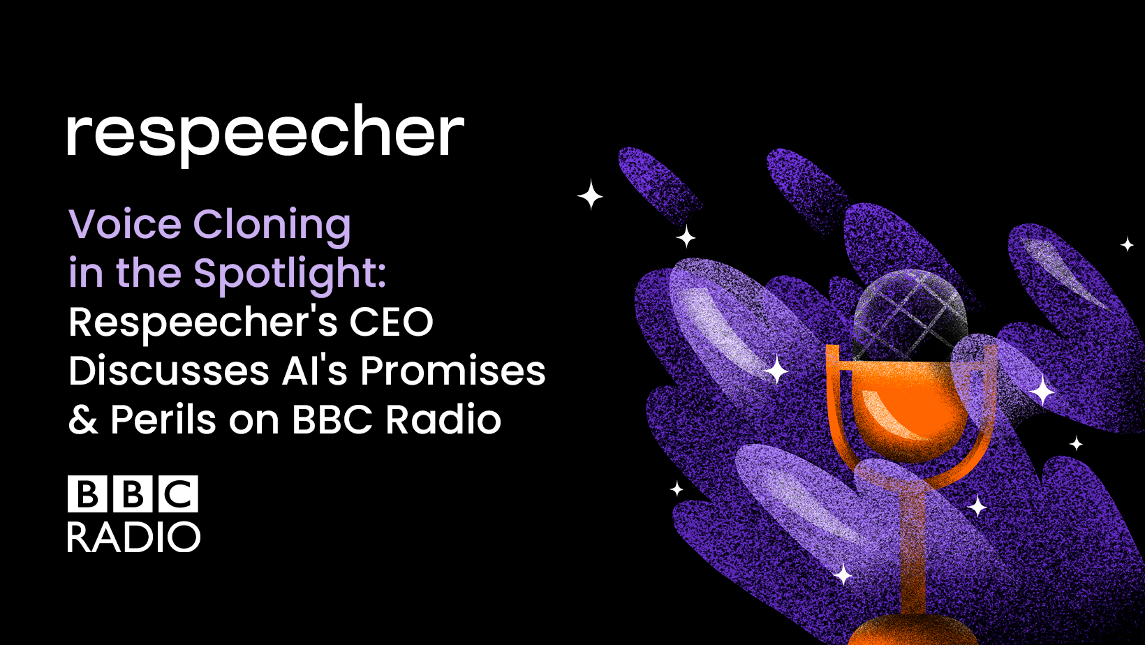 An illustrative microphone surrounded by purple and dark tones with orange accents and sparkles next to the title: 