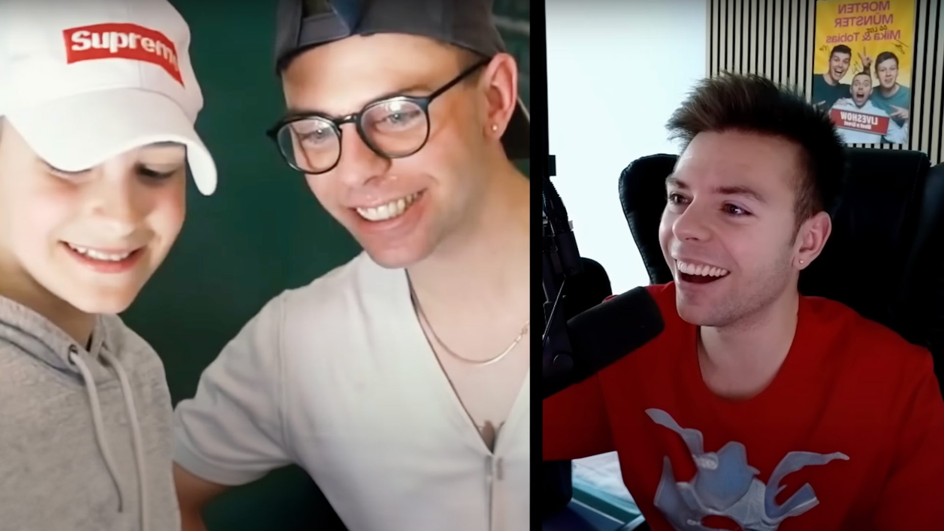 Split image featuring two young content creators; on the left, a smiling young boy in a gray hoodie and white Supreme cap looks at a smartphone, and on the right, a young man in a red shirt and black headphones laughing in front of a microphone with a promotional poster behind him